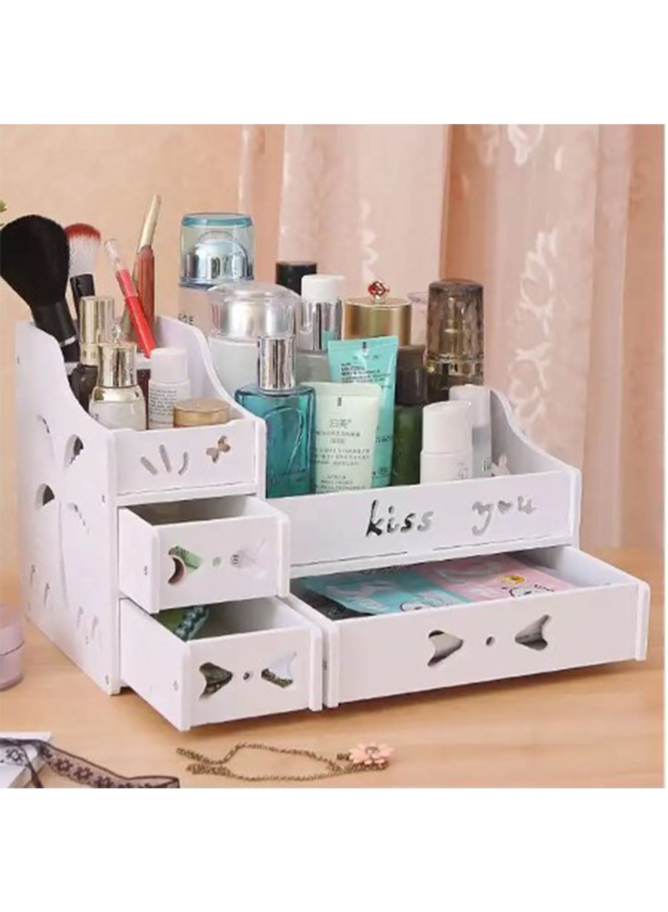 DANIM Wooden Dressing Organizer Palm Trees Makeup Organizer Vanity Box with Drawers for Cosmetics Jewelry Accessories Purpose Plastic Tabletop Cabinet for Storage & Display