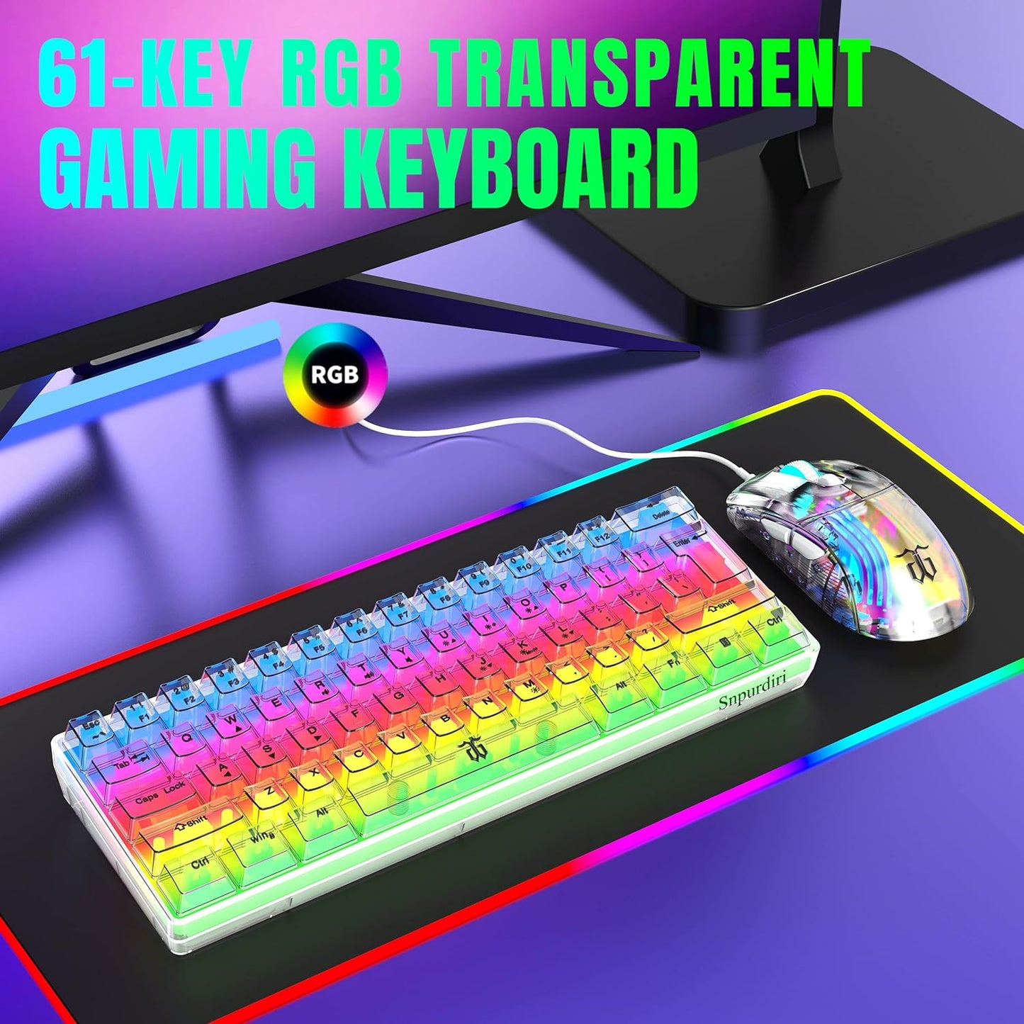 Gaming Keyboard Transparent Small Keyboard with changing color light 61 Keys True RGB Backlit for Computer PC Gamer